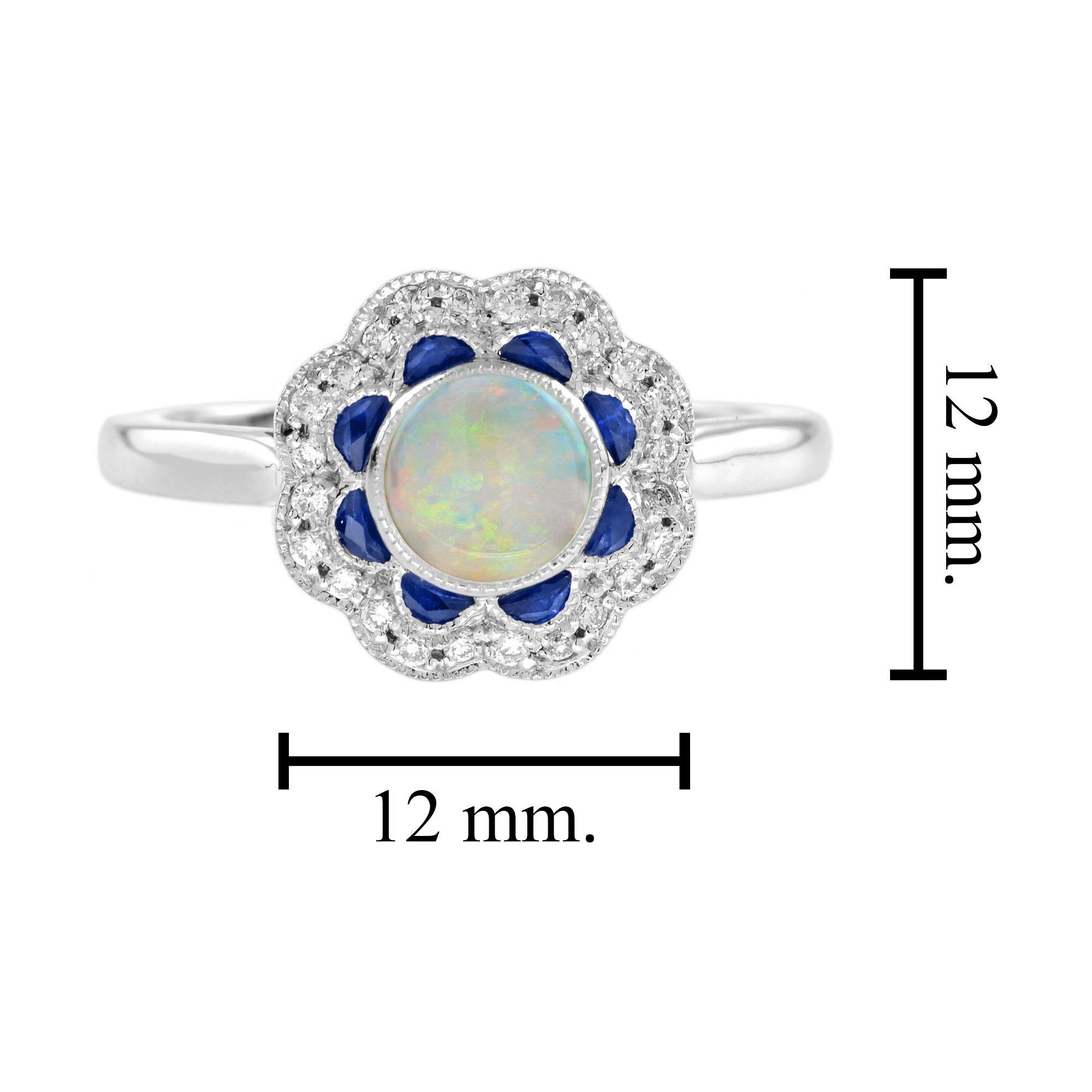 Opal Sapphire Diamond Art Deco Style Engagement Ring in 14K White Gold For Sale 2