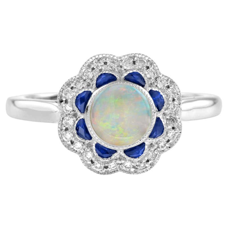 Opal Diamond Emerald Art Deco Style Target Engagement Ring in 14K White ...