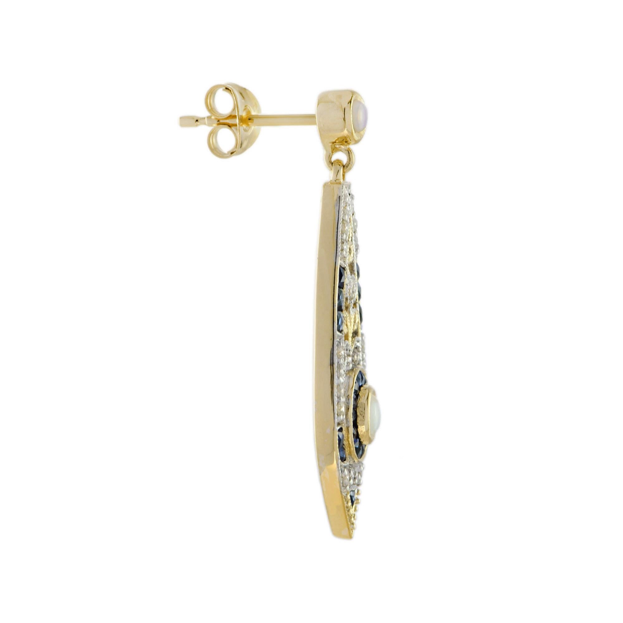 Taille ronde Boucles d'oreilles pendantes en or jaune 9K Opale Saphir Diamant Style Art Déco Filigree en vente