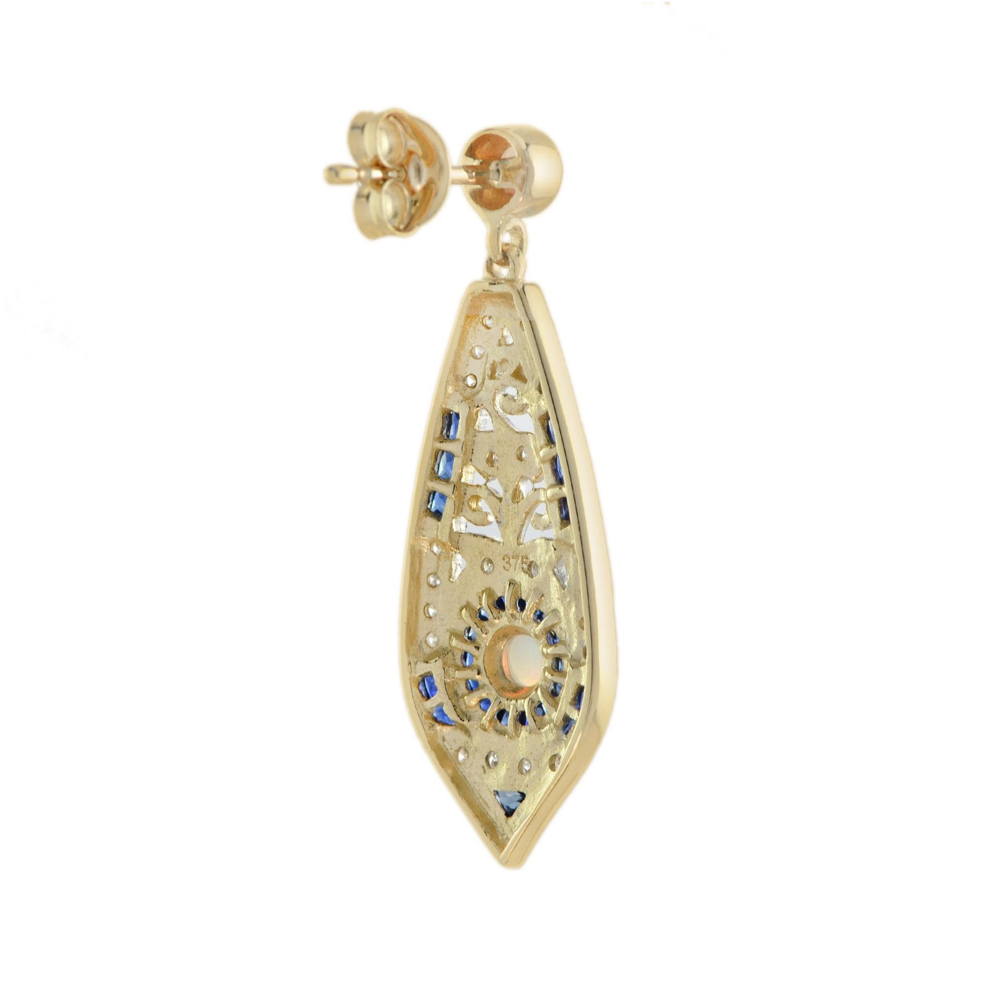 Boucles d'oreilles pendantes en or jaune 9K Opale Saphir Diamant Style Art Déco Filigree Neuf - En vente à Bangkok, TH