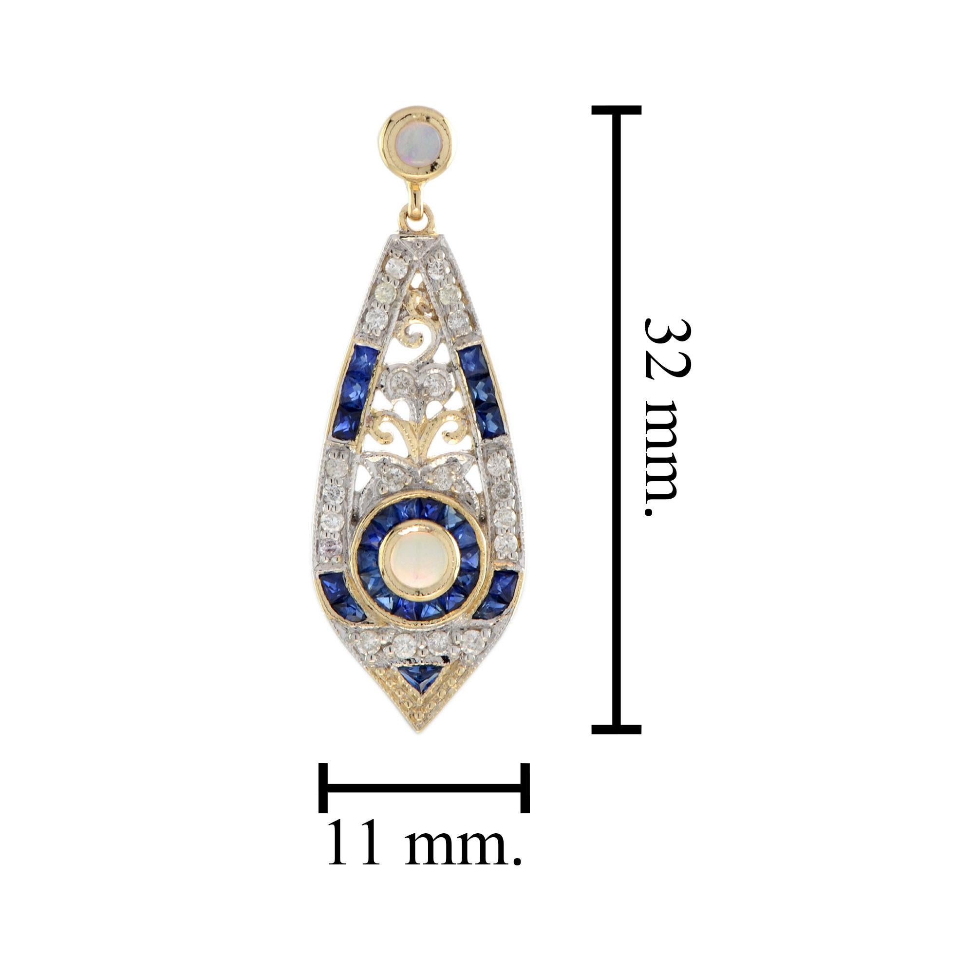 Boucles d'oreilles pendantes en or jaune 9K Opale Saphir Diamant Style Art Déco Filigree Pour femmes en vente