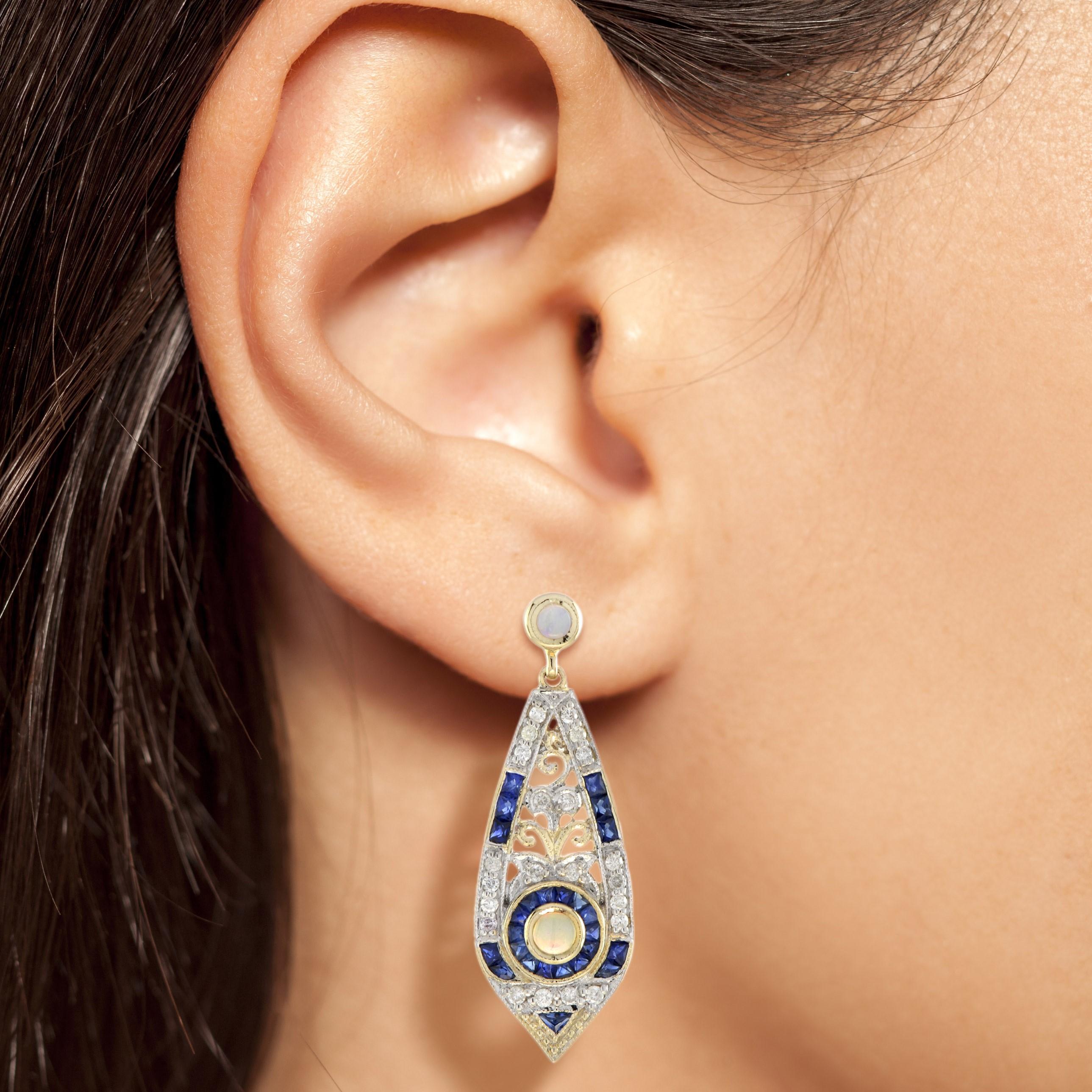 Boucles d'oreilles pendantes en or jaune 9K Opale Saphir Diamant Style Art Déco Filigree en vente 1