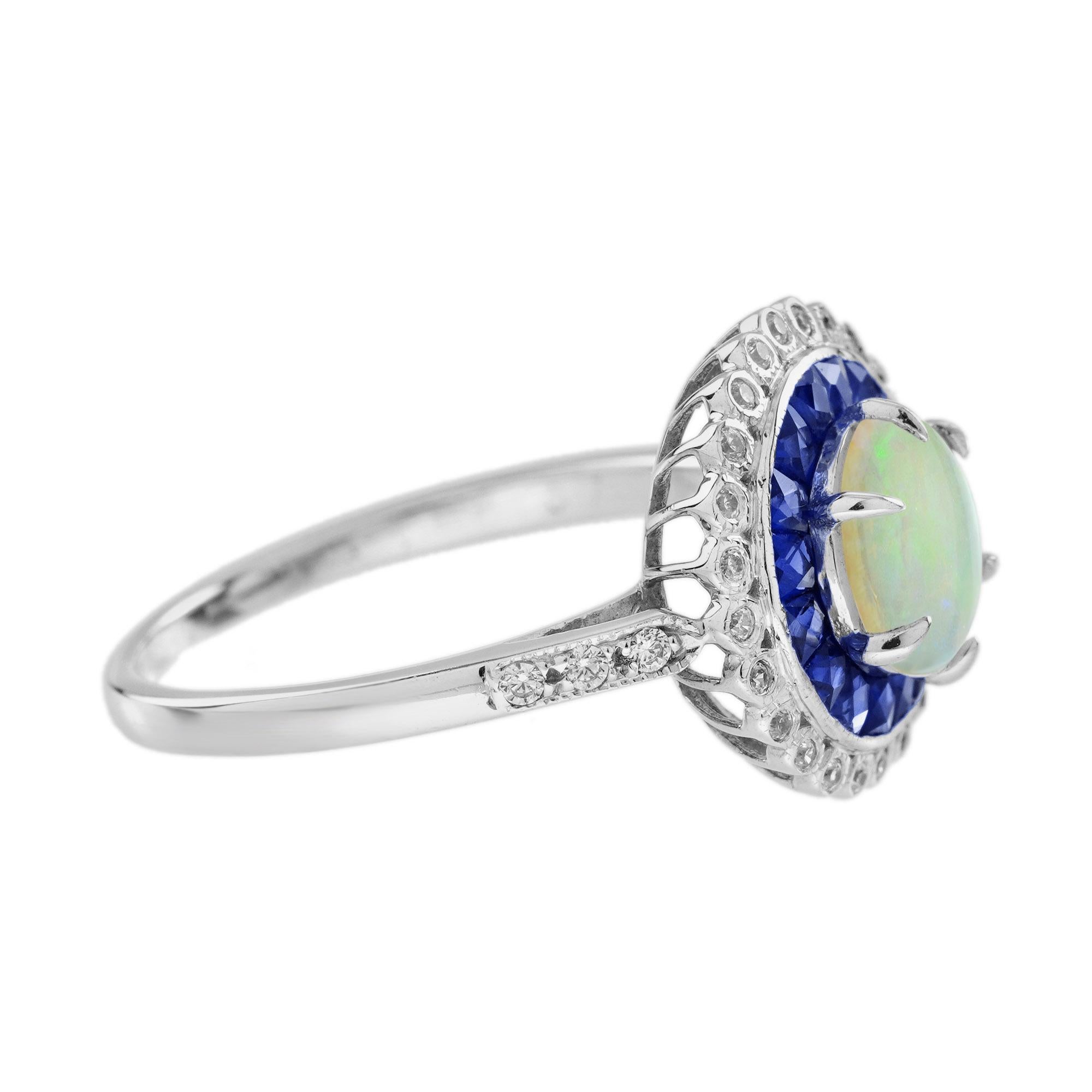 Taglio rotondo Anello di fidanzamento target in stile Art Deco con zaffiro opale e diamante in oro bianco 14 carati in vendita