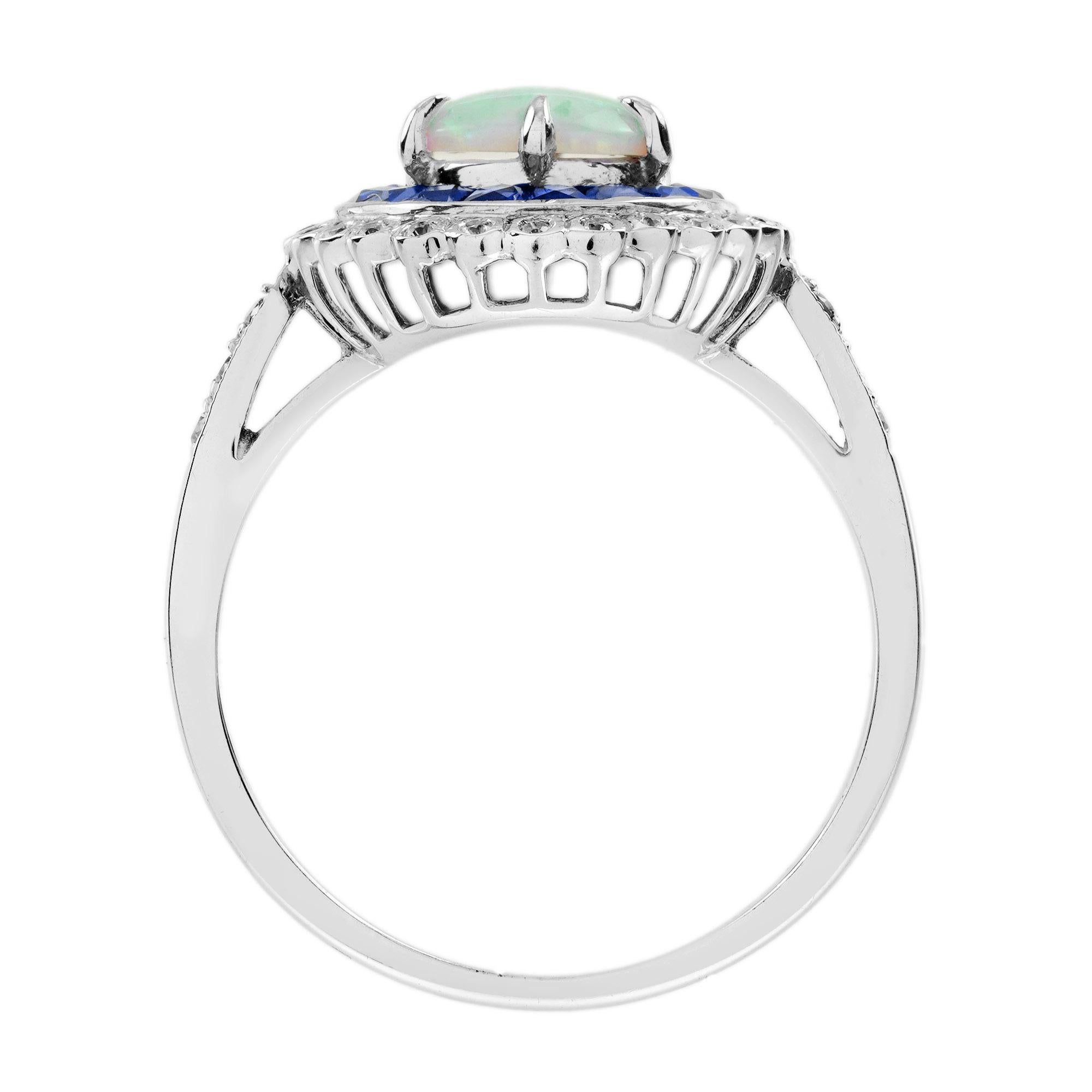 Donna Anello di fidanzamento target in stile Art Deco con zaffiro opale e diamante in oro bianco 14 carati in vendita