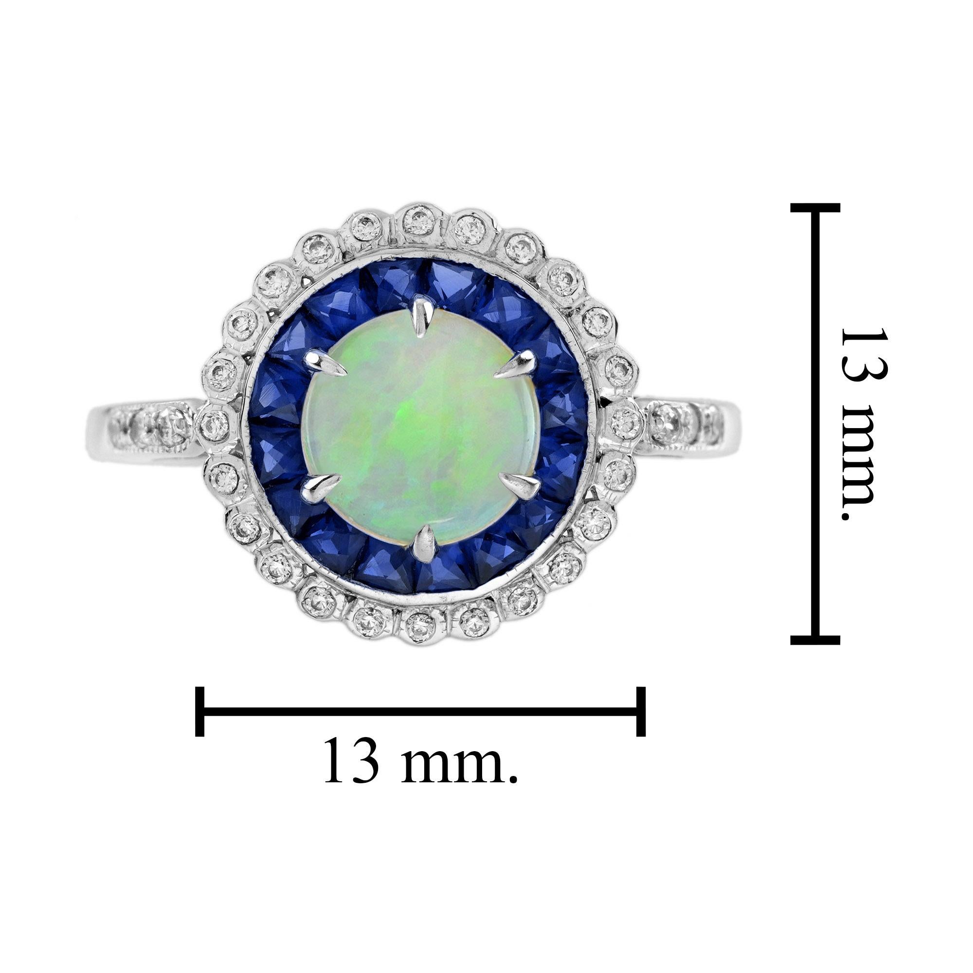 Anello di fidanzamento target in stile Art Deco con zaffiro opale e diamante in oro bianco 14 carati in vendita 1