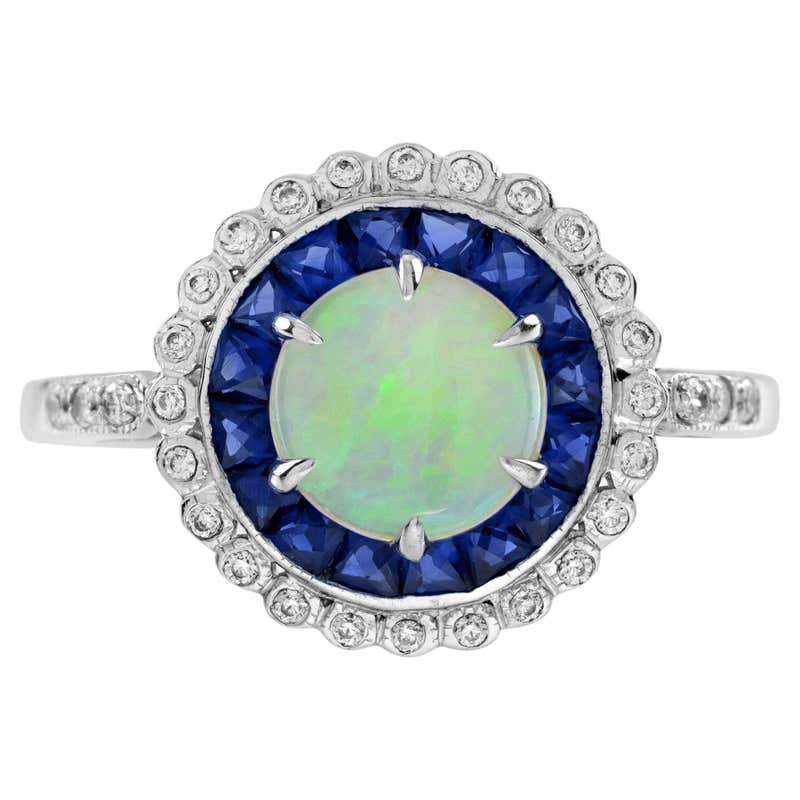 Opal Diamond Emerald Art Deco Style Target Engagement Ring in 14K White ...