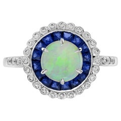 Opal Sapphire Diamond Art Deco Style Target Engagement Ring in 14K White Gold
