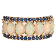 Opal Sapphire Diamond Band Sz 7 Estate 14k Yellow Gold Ring Fine Jewelry Opal Sapphire Diamond Band Sz 7 Estate 14k Yellow Gold Ring Fine Jewelry