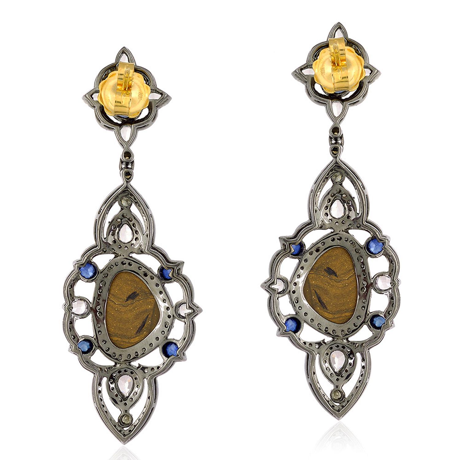 These beautiful drop earrings are handcrafted in 18K gold and sterling silver. It is hand set in 6.75 carat opal doublets, 5.55 carats sapphire & 2.78 carats diamonds in blackened finish.

FOLLOW  MEGHNA JEWELS storefront to view the latest