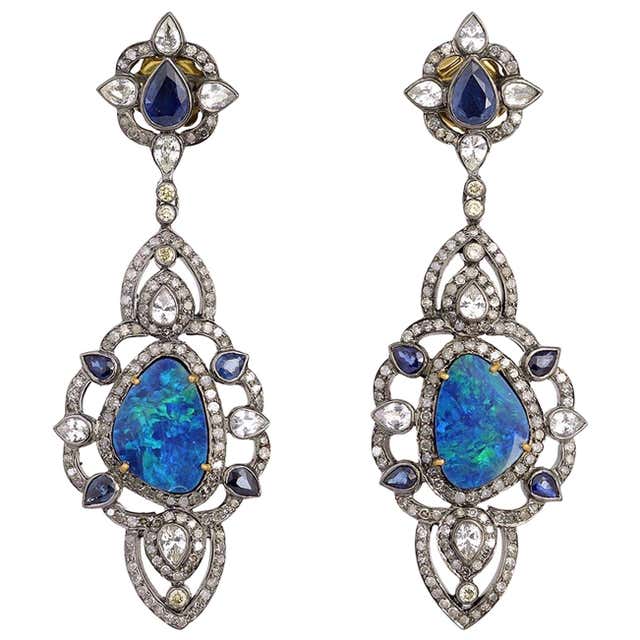 Opal Sapphire Diamond Drop Earrings For Sale at 1stDibs