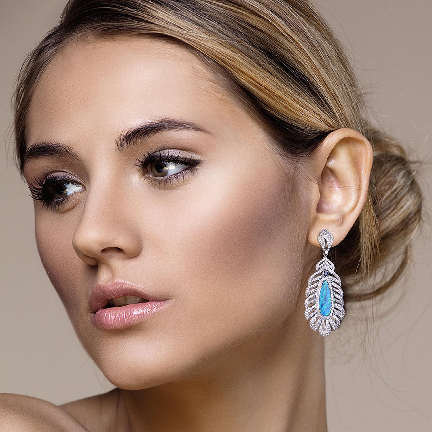 Contemporary Opal Sapphire Diamond Feather Earrings For Sale