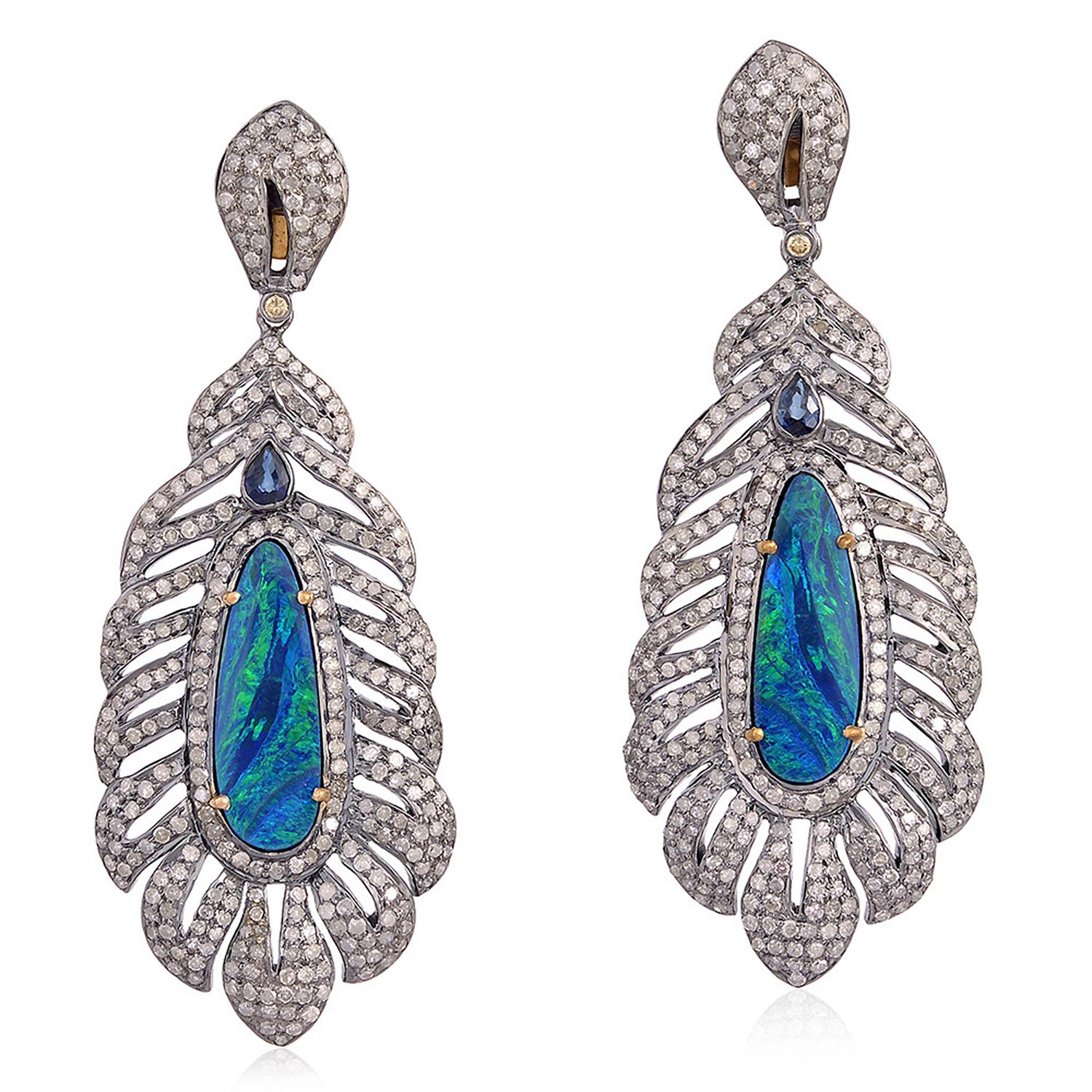 Cabochon Opal Sapphire Diamond Feather Earrings For Sale