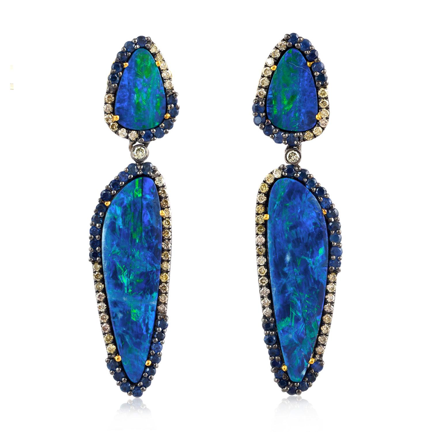 Contemporary Opal Sapphire Diamond Earrings For Sale