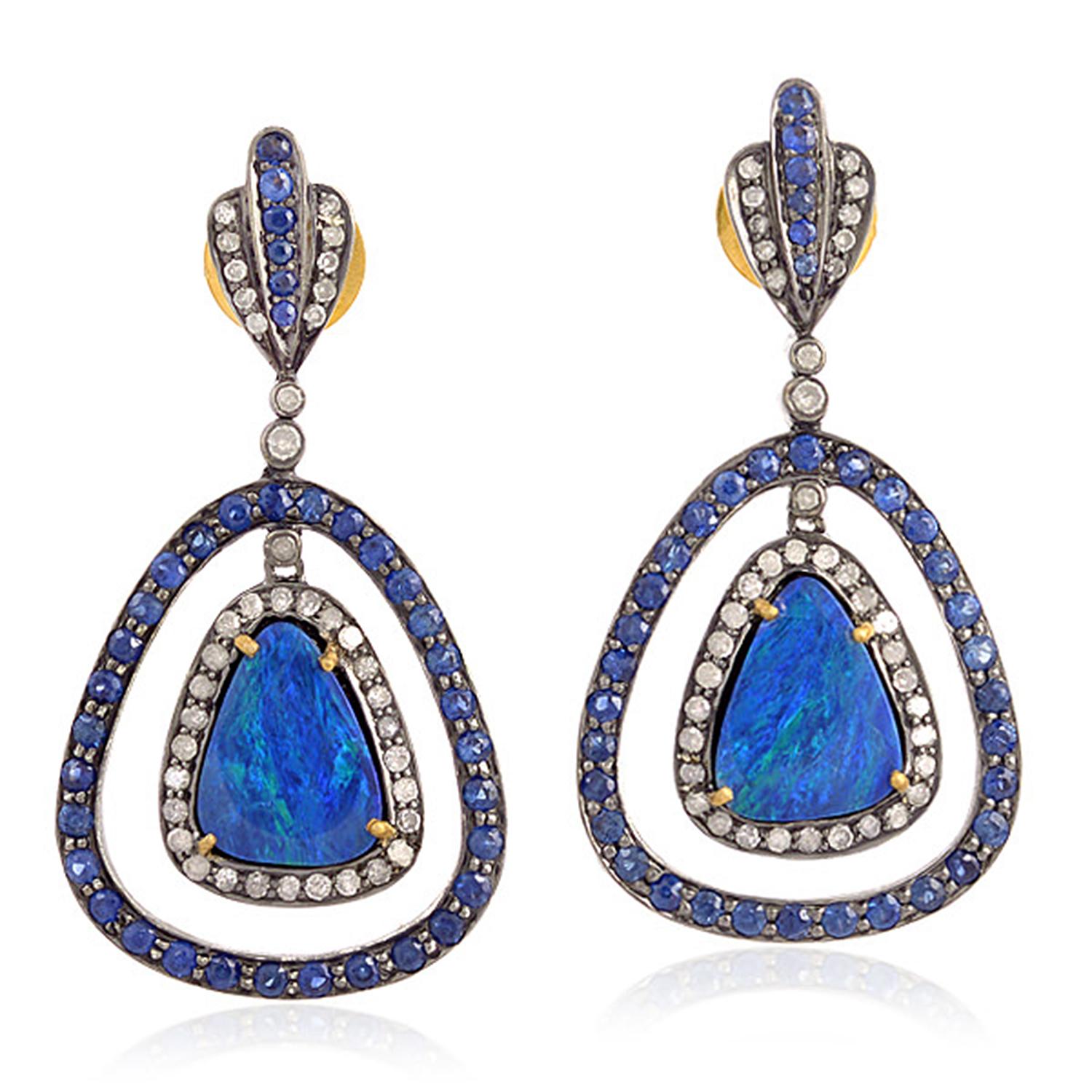Mixed Cut Opal Sapphire Diamond Earrings For Sale