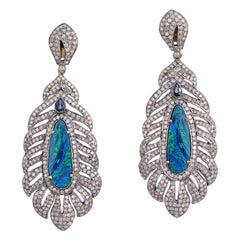 Boucles d'oreilles plumes en opale, saphirs et diamants