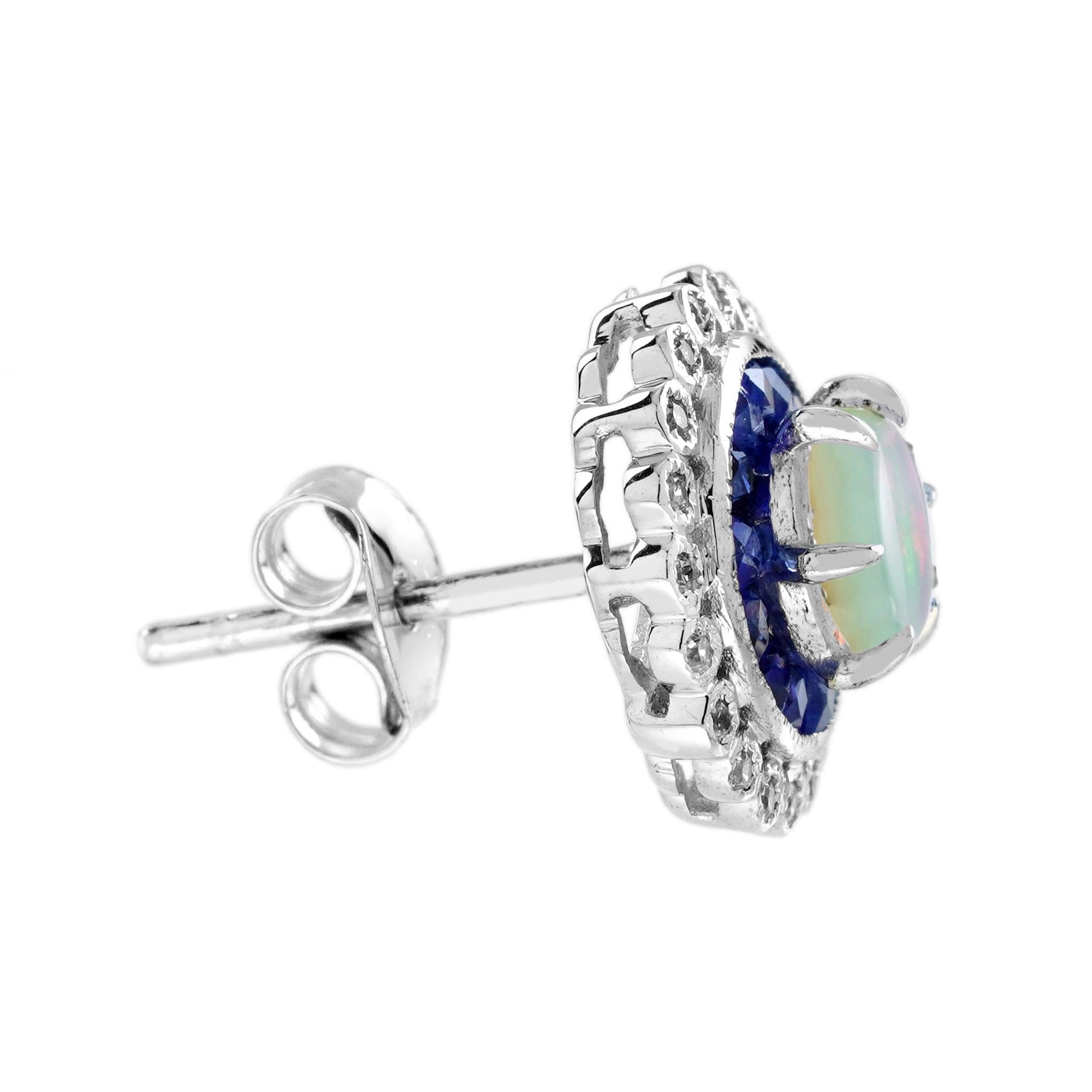 Art Deco Opal Sapphire Diamond Pendant and Stud Earrings Jewelry Set in 14K White Gold For Sale