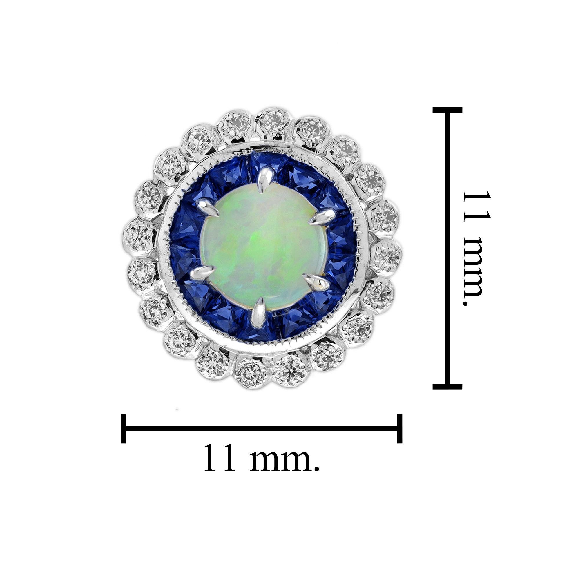 Opal Sapphire Diamond Pendant and Stud Earrings Jewelry Set in 14K White Gold In New Condition For Sale In Bangkok, TH