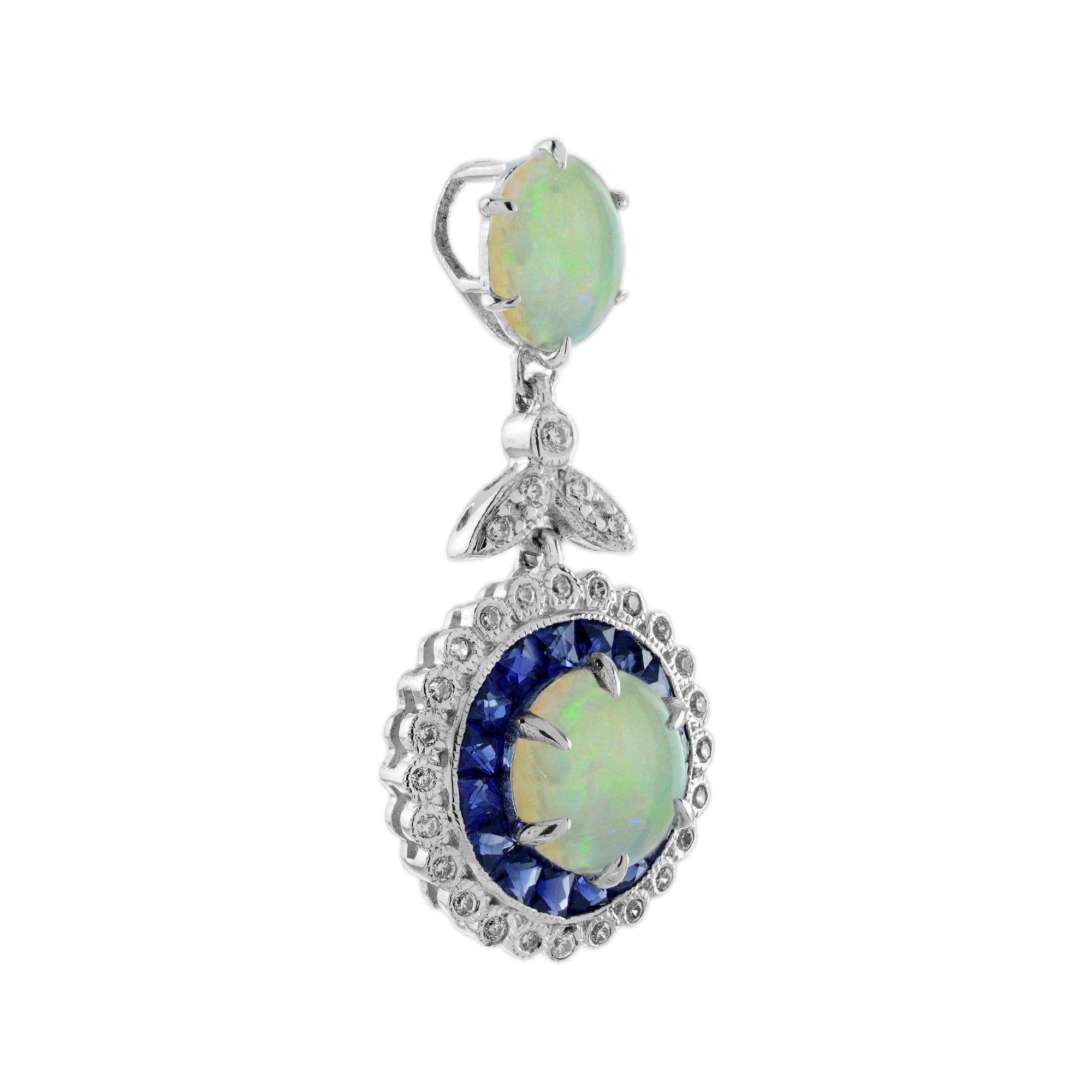 Opal Sapphire Diamond Pendant and Stud Earrings Jewelry Set in 14K White Gold For Sale 2