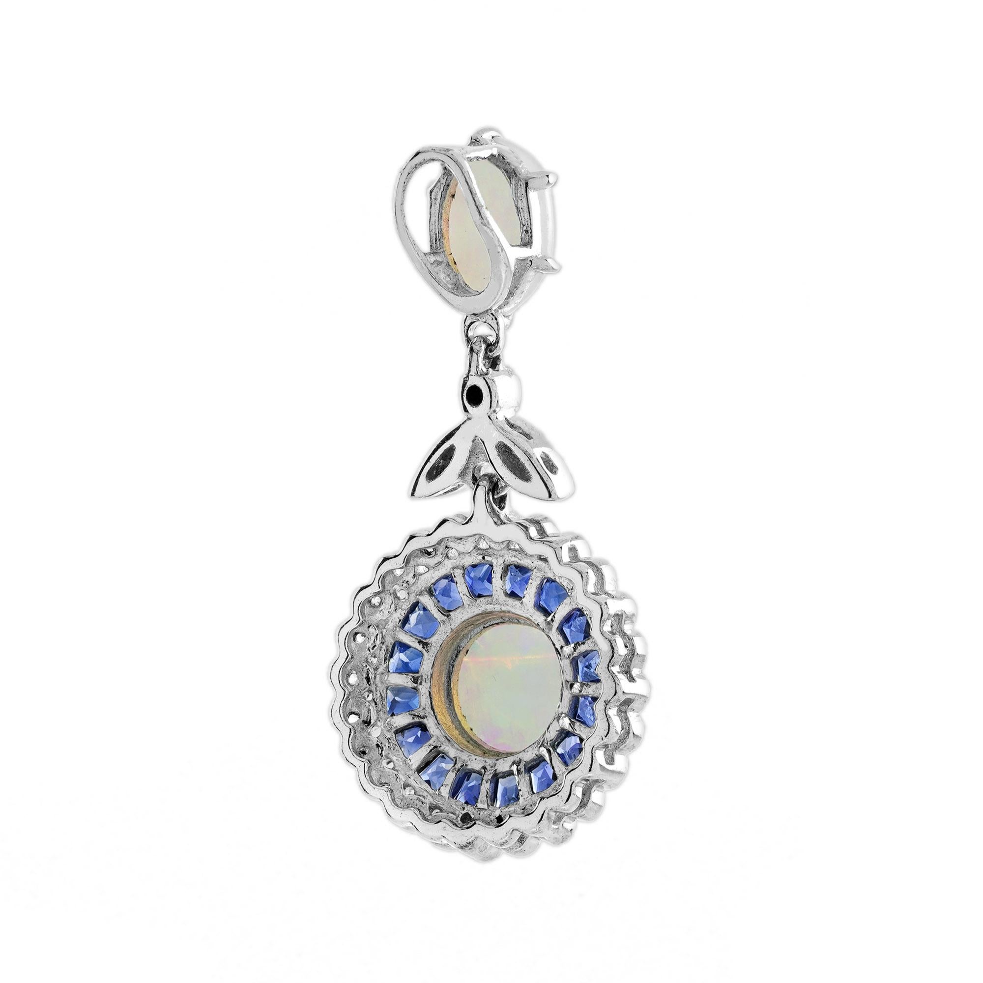 Opal Sapphire Diamond Pendant and Stud Earrings Jewelry Set in 14K White Gold For Sale 3