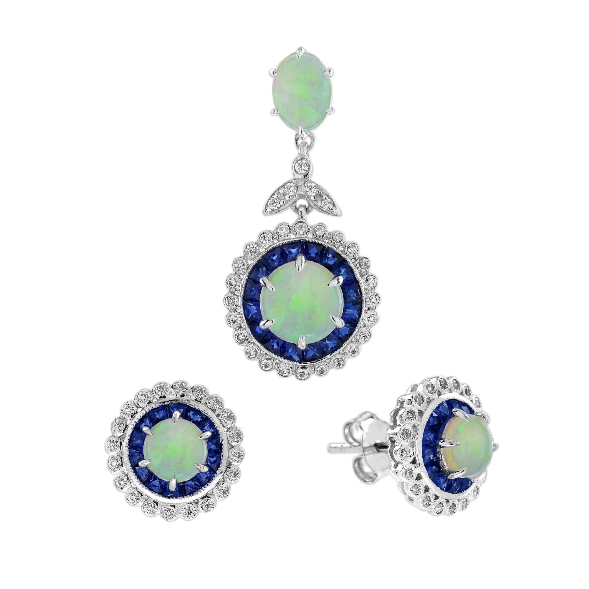 Ciondolo con zaffiro opale e diamante e orecchini con perno in oro bianco 14K