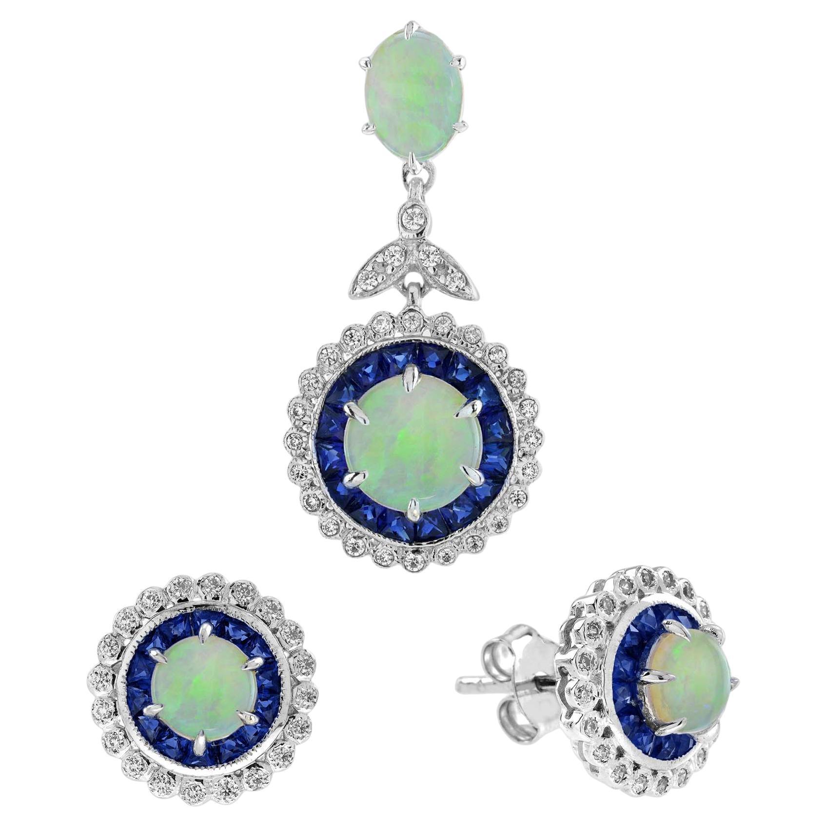 Opal Sapphire Diamond Vintage Style Pendant & Stud Earrings Jewelry Set