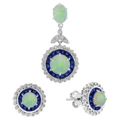Opal Sapphire Diamond Vintage Style Pendant & Stud Earrings Jewelry Set
