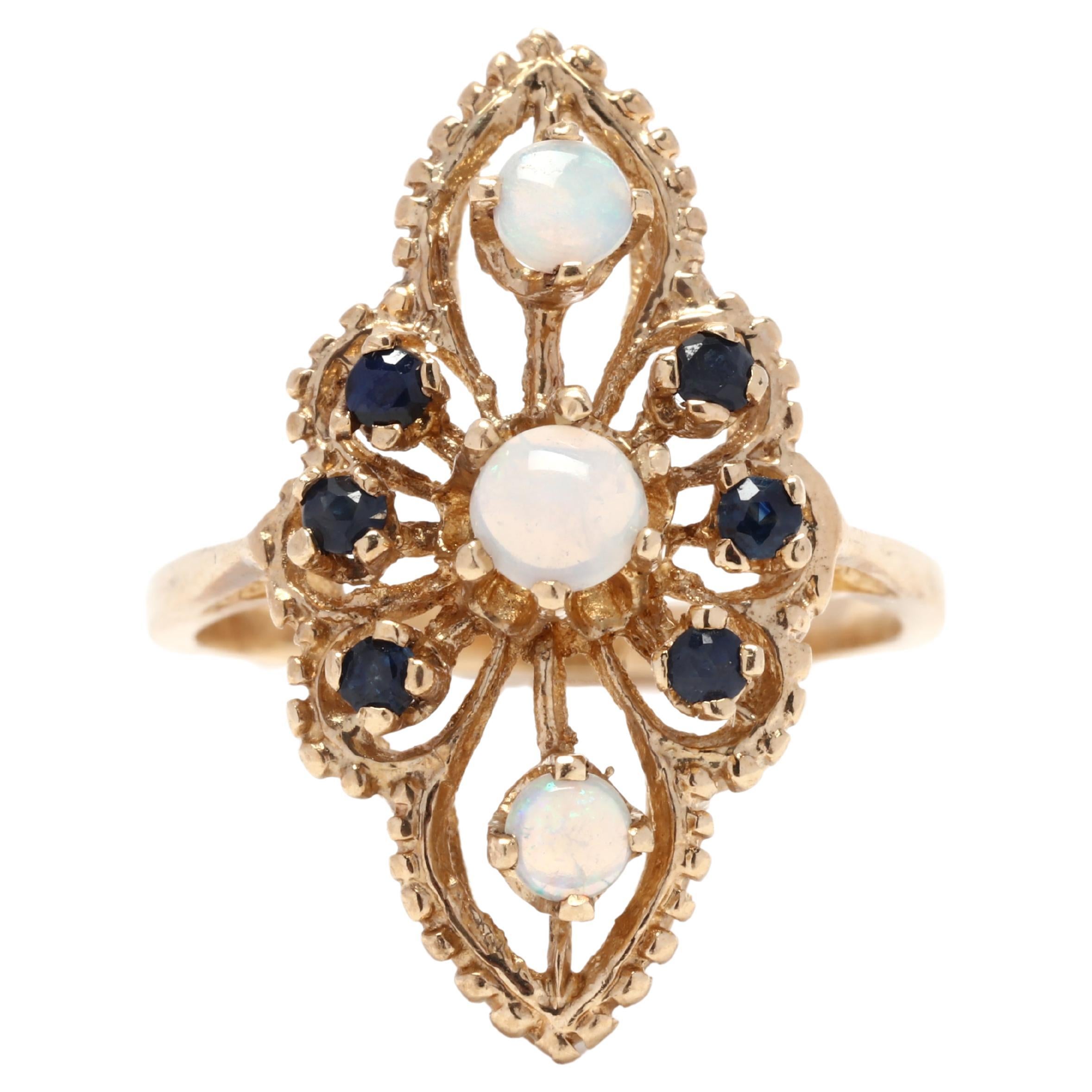 Opal Saphir Navette Ring, 14K Gelbgold, Ring Größe 6,5, Regenbogen-Opal Ring