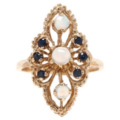 Retro Opal Sapphire Navette Ring, 14K Yellow Gold, Ring Size 6.5, Rainbow Opal Ring