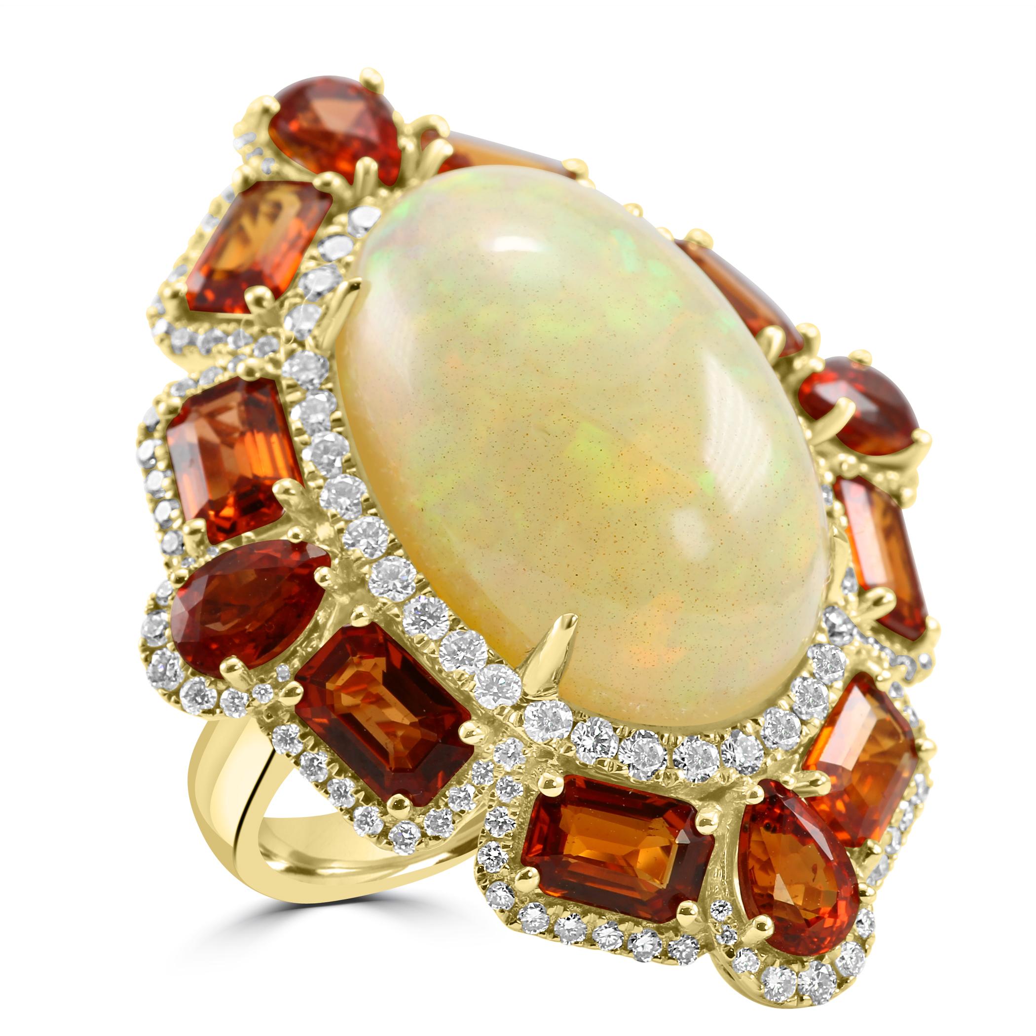 At the center of this exquisite ring lies a magnificent Opal, carefully selected for its impressive size and mesmerizing play of colors. With a weight of 13.06 carats, this opal showcases a captivating spectrum of hues, evoking a sense of wonder and