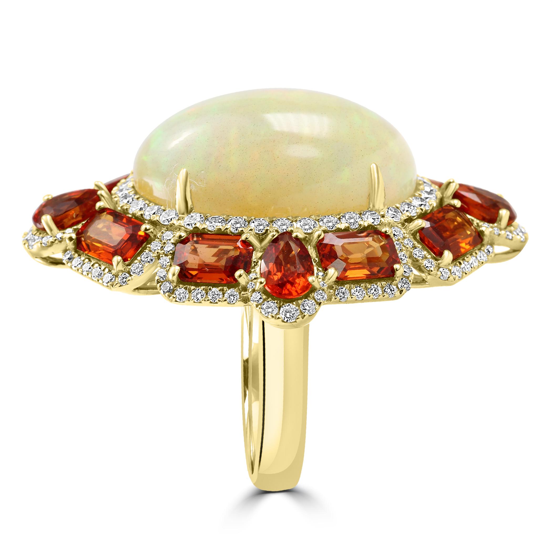 Modern Opal Sapphire White Diamond Round Double Halo Yellow Gold Fashion Cocktail Ring For Sale