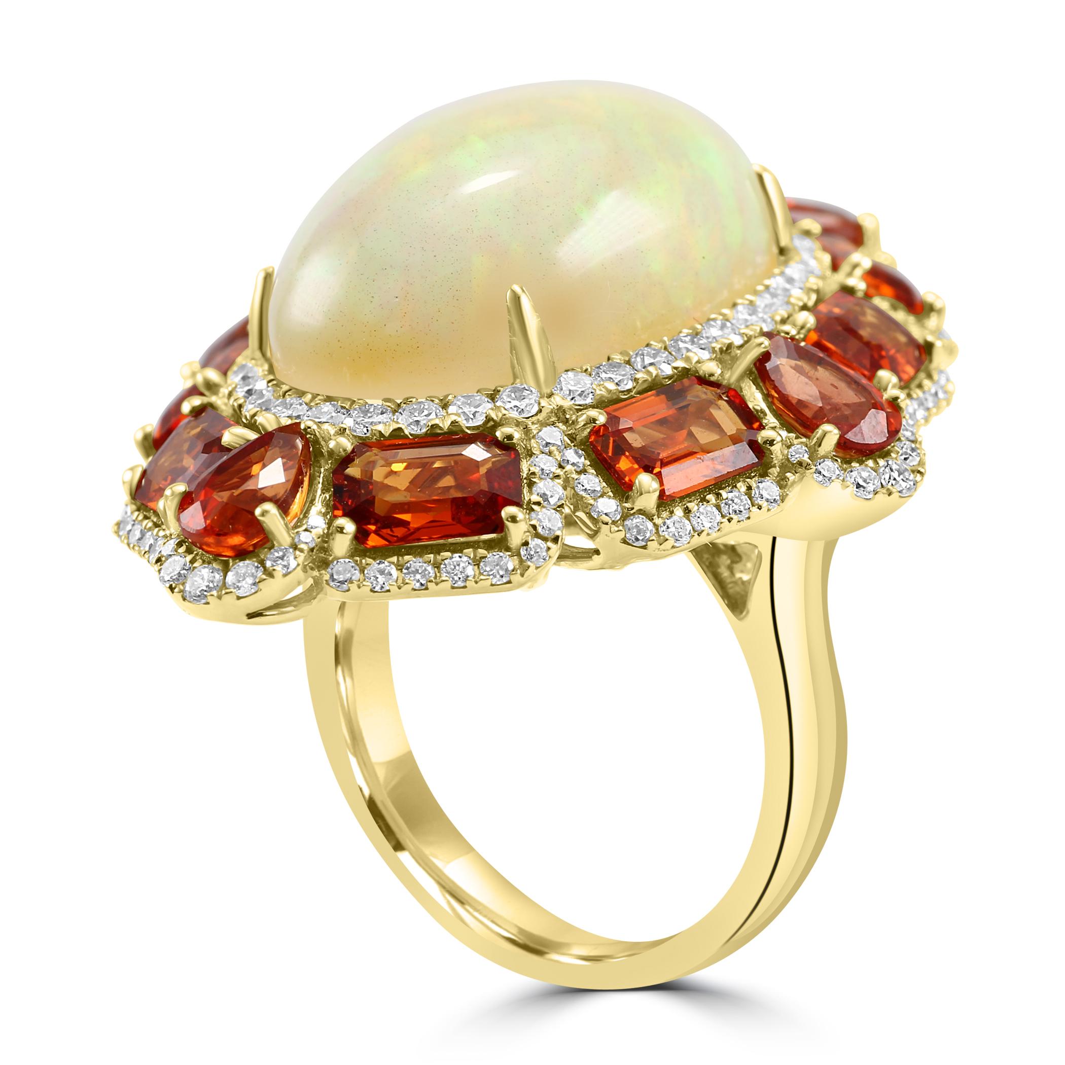 Round Cut Opal Sapphire White Diamond Round Double Halo Yellow Gold Fashion Cocktail Ring For Sale