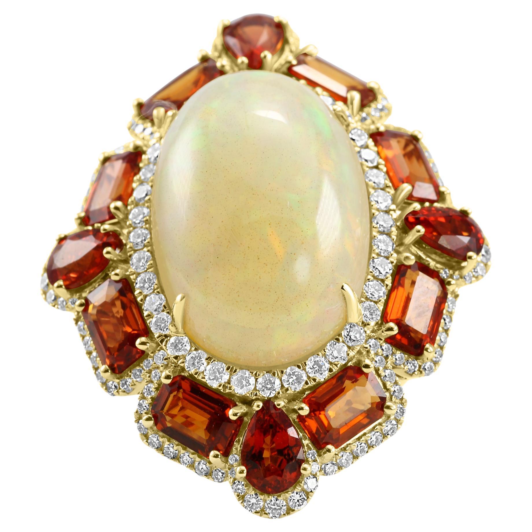 Opal Sapphire White Diamond Round Double Halo Yellow Gold Fashion Cocktail Ring