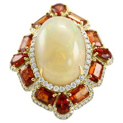 Opal Sapphire White Diamond Round Double Halo Yellow Gold Fashion Cocktail Ring