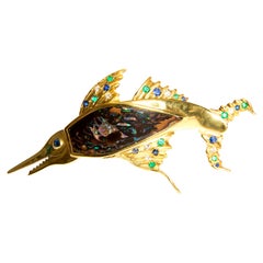 Opal, Sapphires, Emeralds and Diamonds in Gold 18 Carat Swordfish Brooch