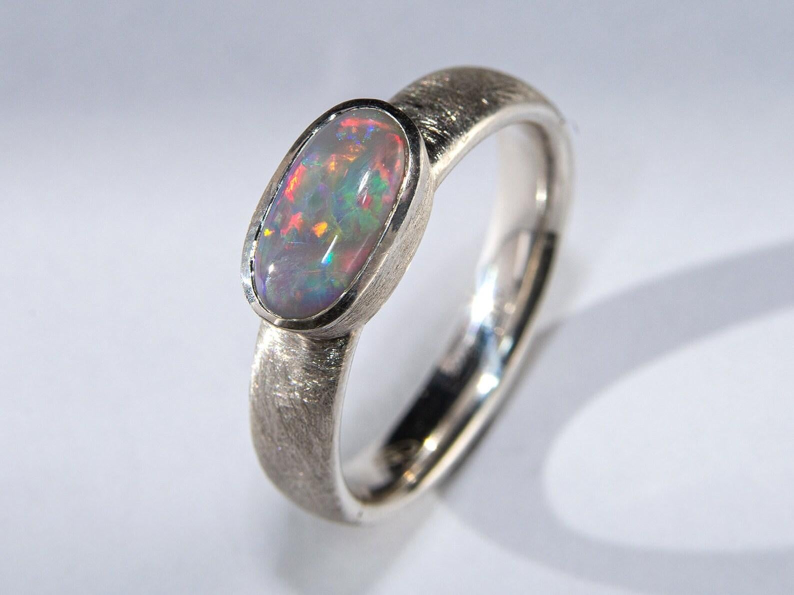 Cabochon Opal Scratched Silver Ring Natural Australian Gemstone gift for wife For Sale