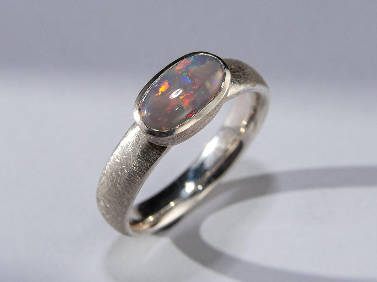 Opal Scratched Silver Ring Natural Australian Gemstone gift for wife In New Condition For Sale In Berlin, DE