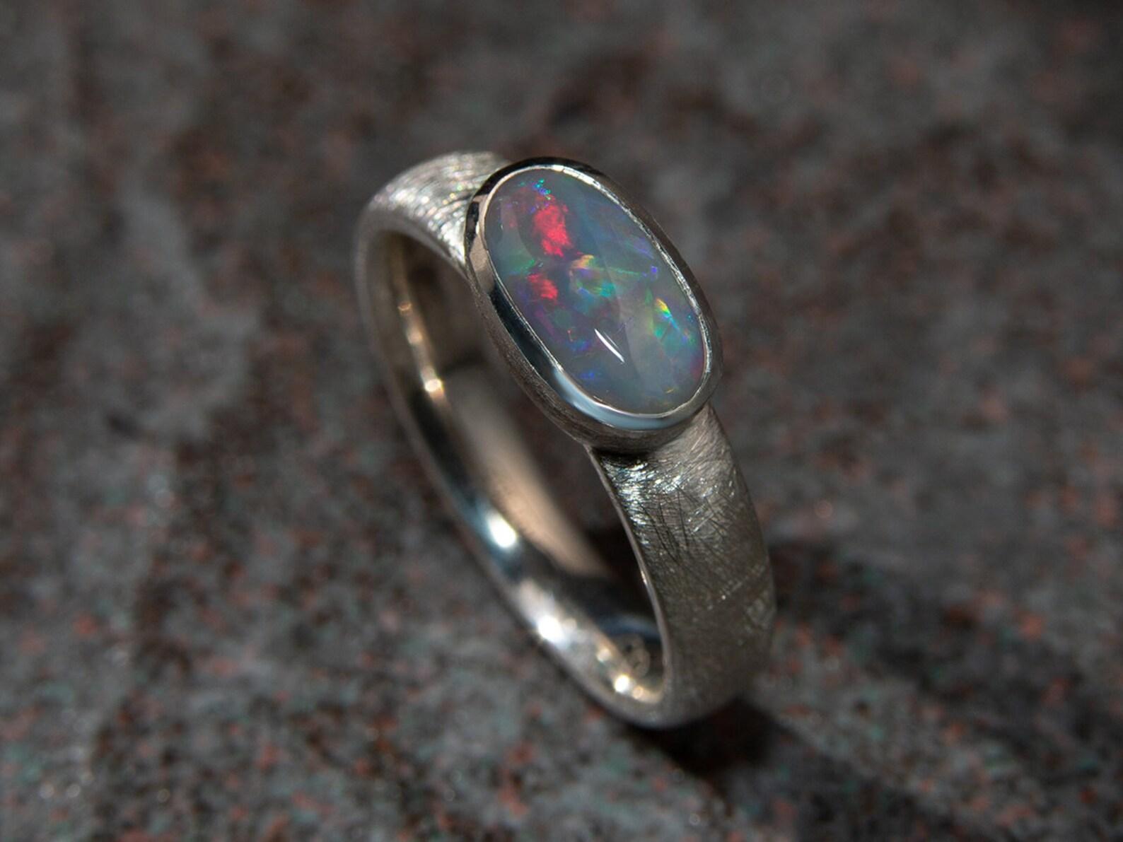 Women's or Men's Opal Scratched Silver Ring Natural Australian Gemstone gift for wife For Sale
