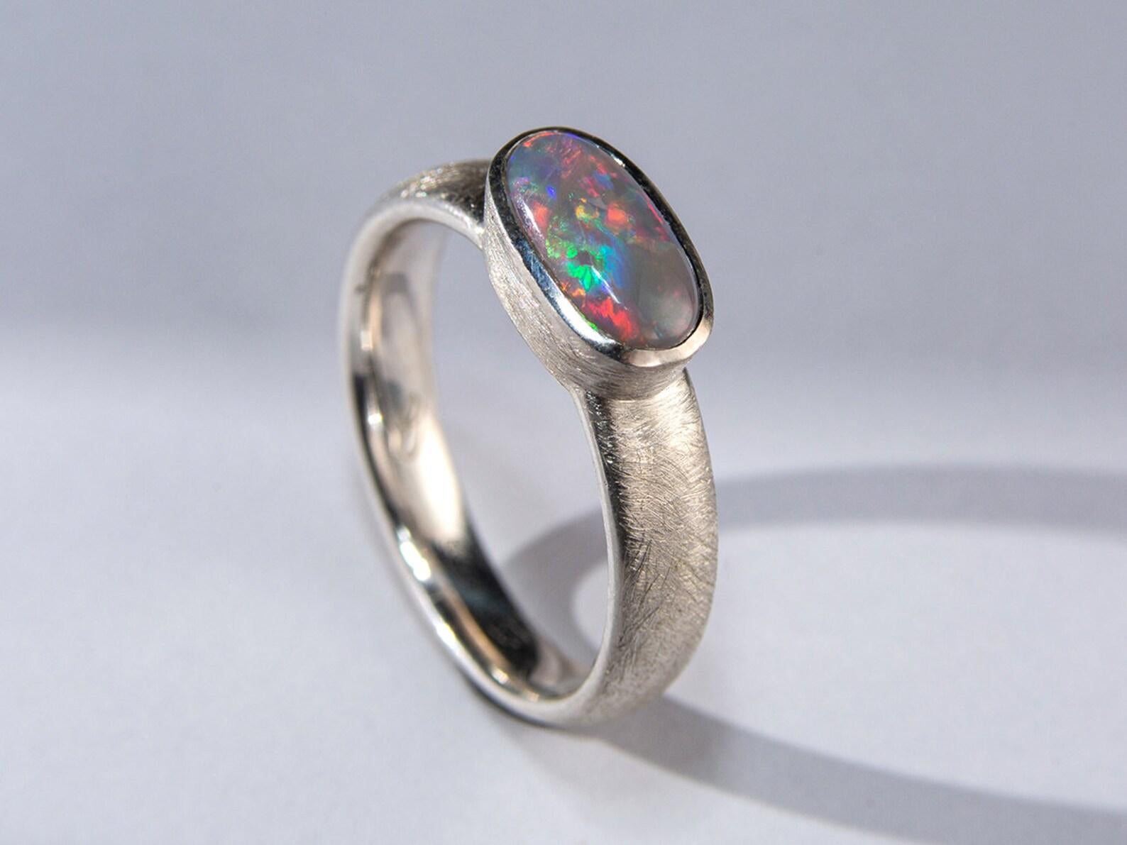 Opal Scratched Silver Ring Natural Australian Gemstone gift for wife For Sale 1