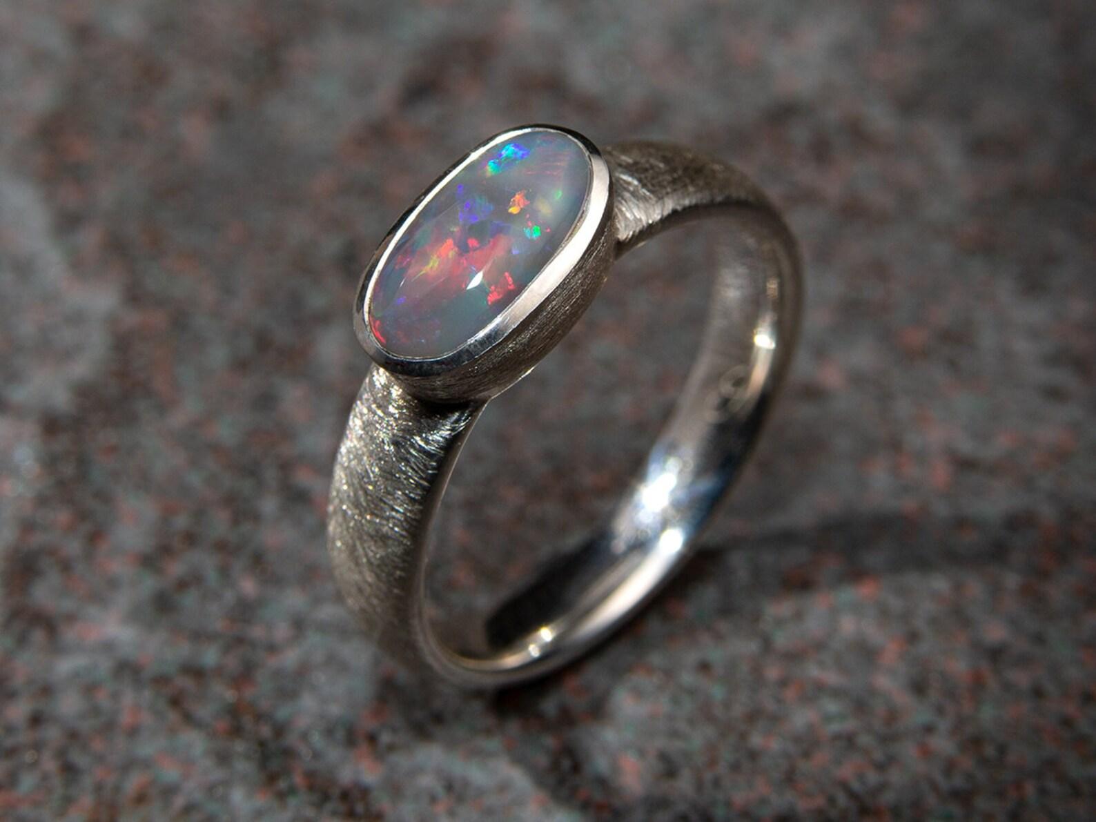 Opal Scratched Silver Ring Natural Australian Gemstone gift for wife For Sale 2