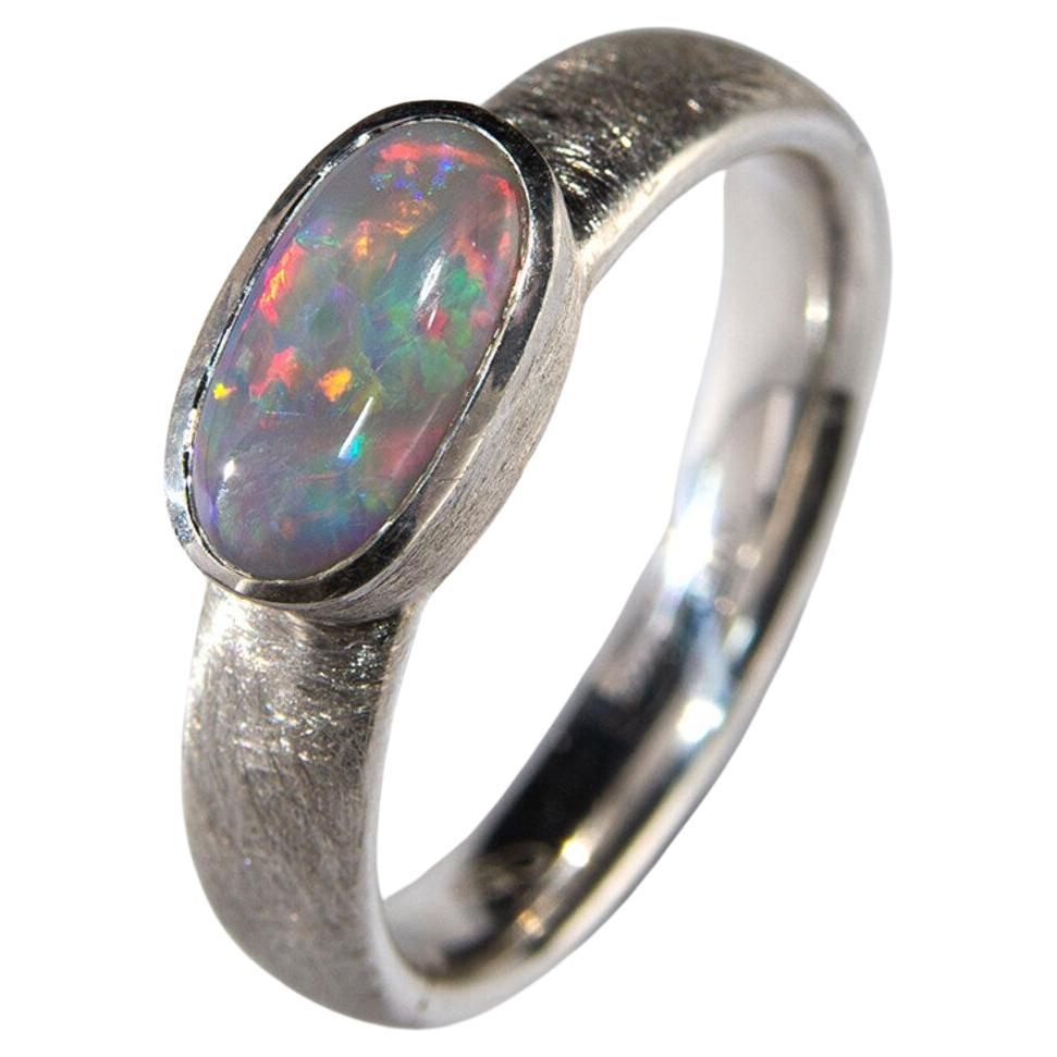 Opal Scratched Silver Ring Natural Australian Gemstone gift for wife For Sale