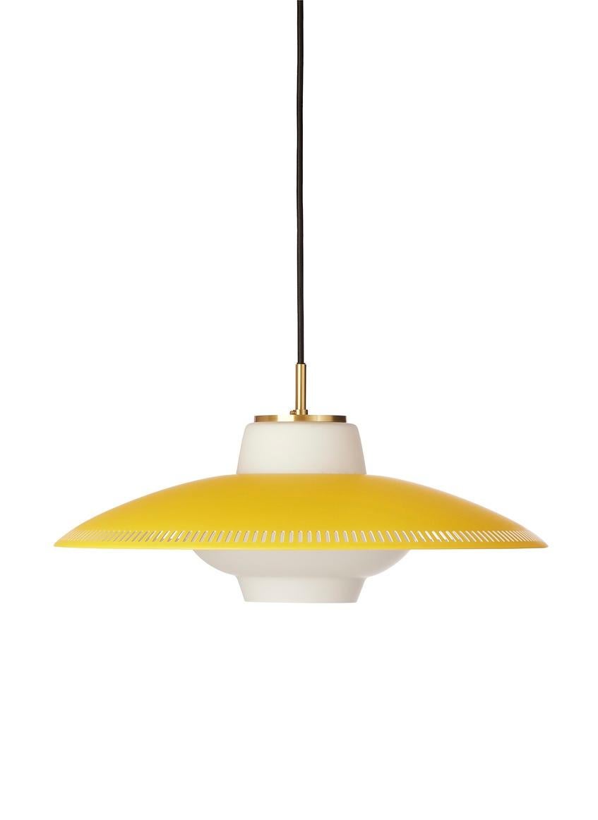 Opal shade Illuminating yellow pendant by Warm Nordic
Dimensions: D 43 x H 17 cm
Material: Lacquered steel, Sand blasted opal glass
Weight: 2 kg
Also available in different colours.

The Opal Shade pendant was designed in the 1950s by Danish