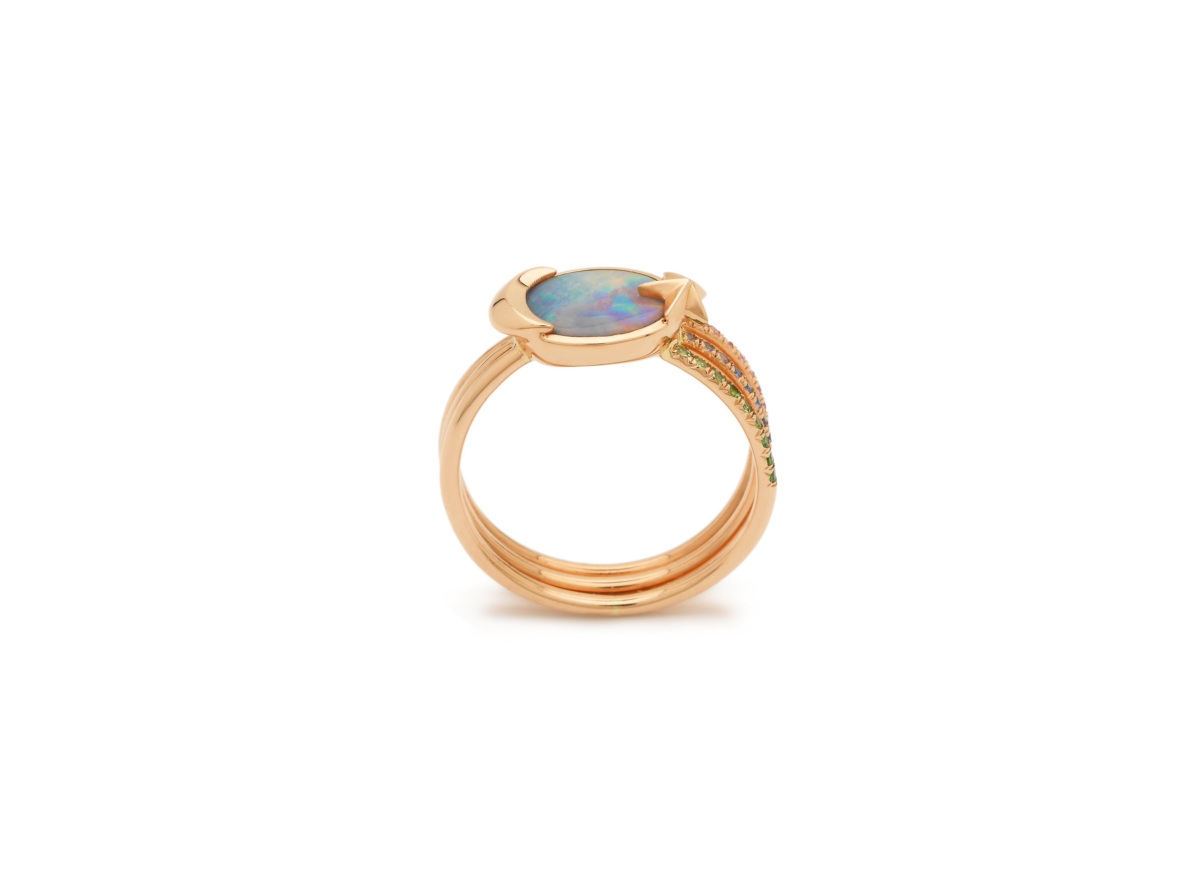 Mixed Cut Opal with 18k gold, green tsavorites, purple amethyst shooting Star Ring For Sale