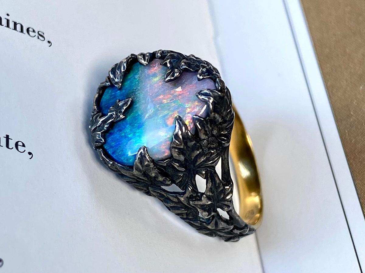 Art Nouveau Opal Silver Ivy Ring Natural Australian Gem Boulder Gem Bicolor Blue Pink Unisex For Sale