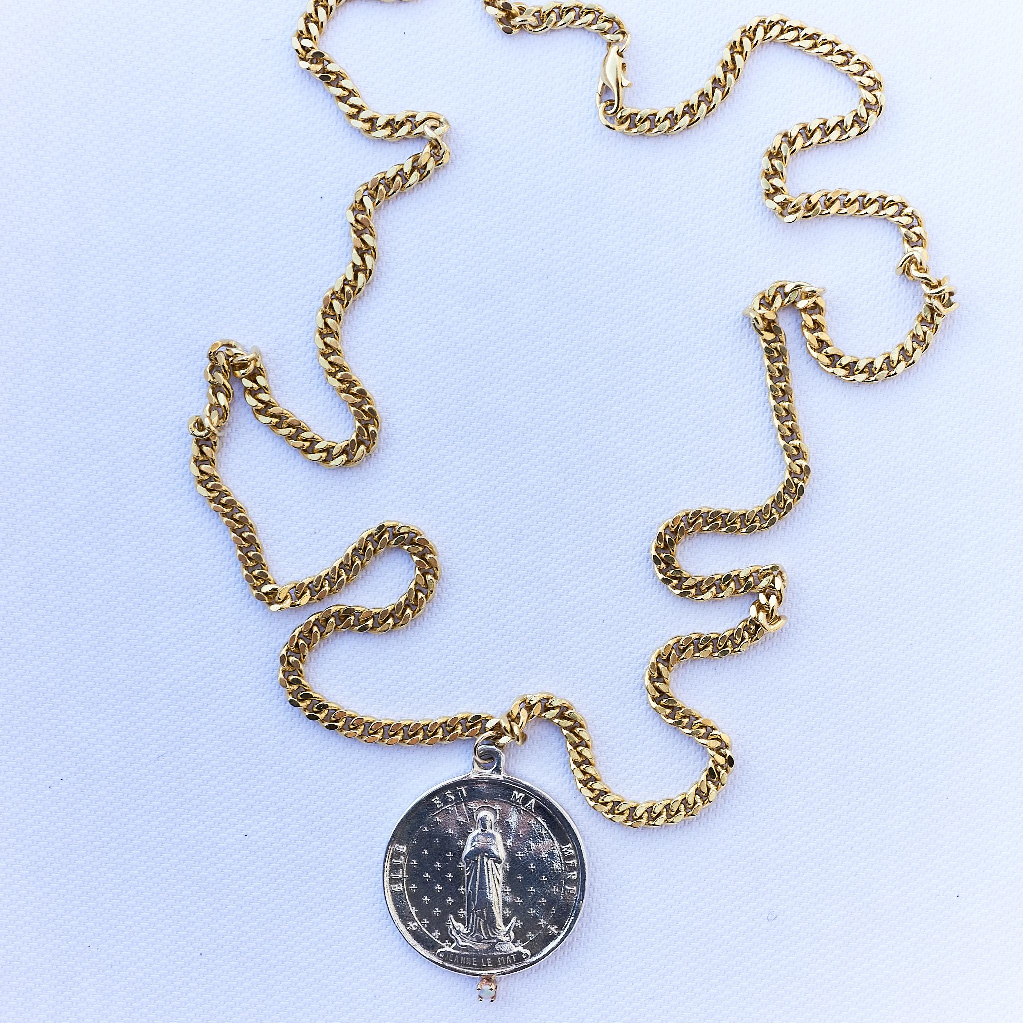 Women's Opal Silver Medal Saint Long Chain Necklace J Dauphin For Sale