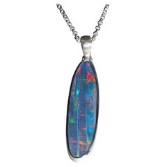 Opal Silver Necklace Long Pendant with Doublet of Black Dark Blue Precious Opal
