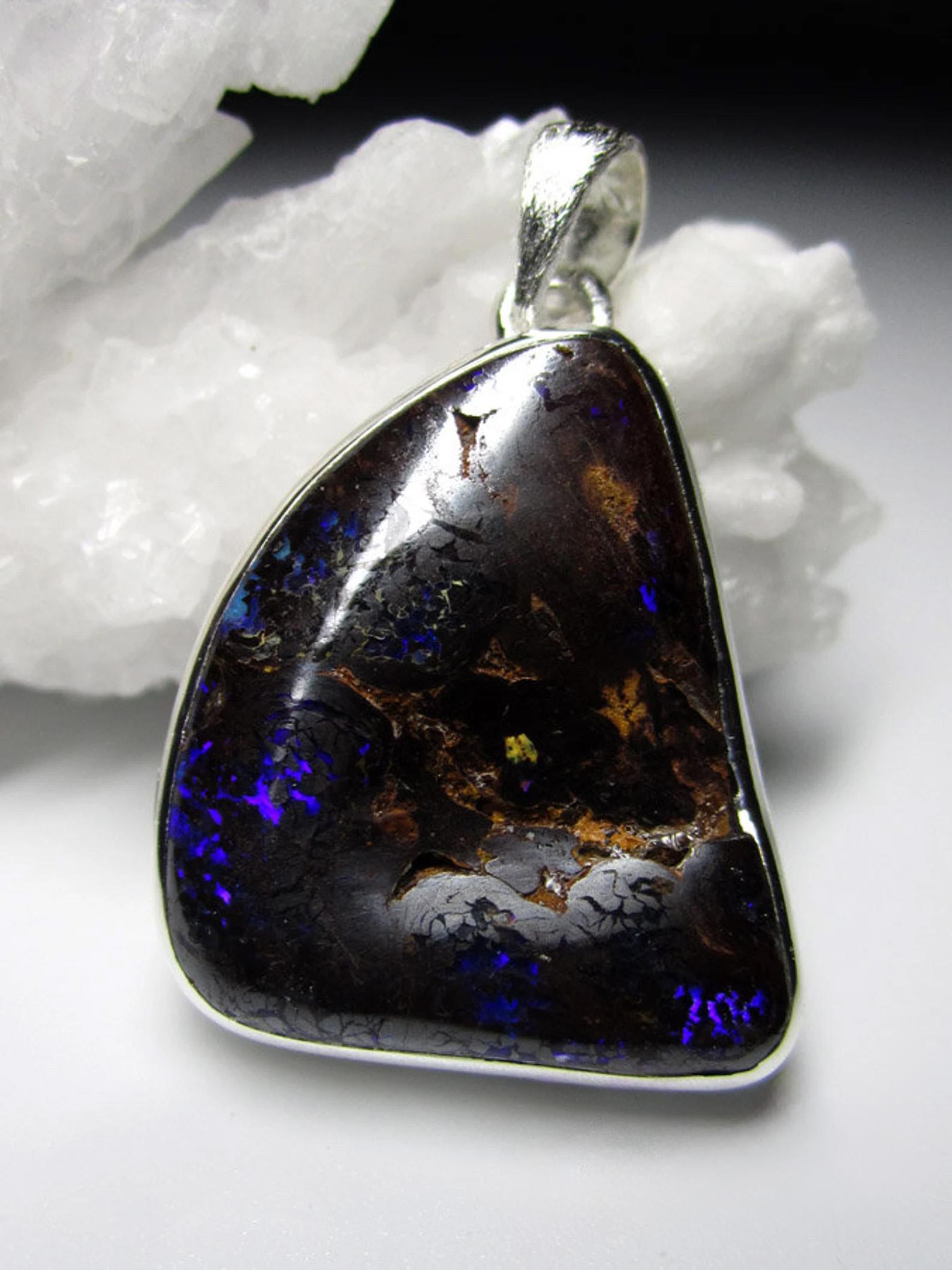 Trillion Cut Opal Silver Pendant Mens jewelry Natural Australian opal gift For Sale