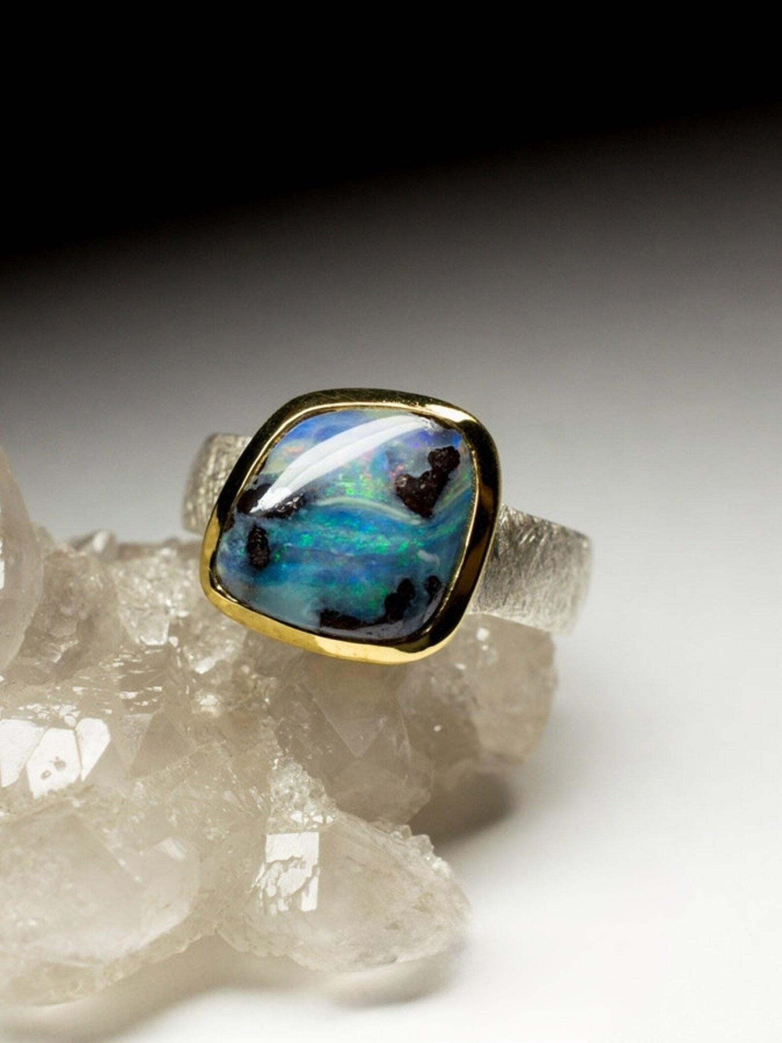 Opal Silver Ring 18k Gold Plated Blue Natural Solid valentine's day gift For Sale 4