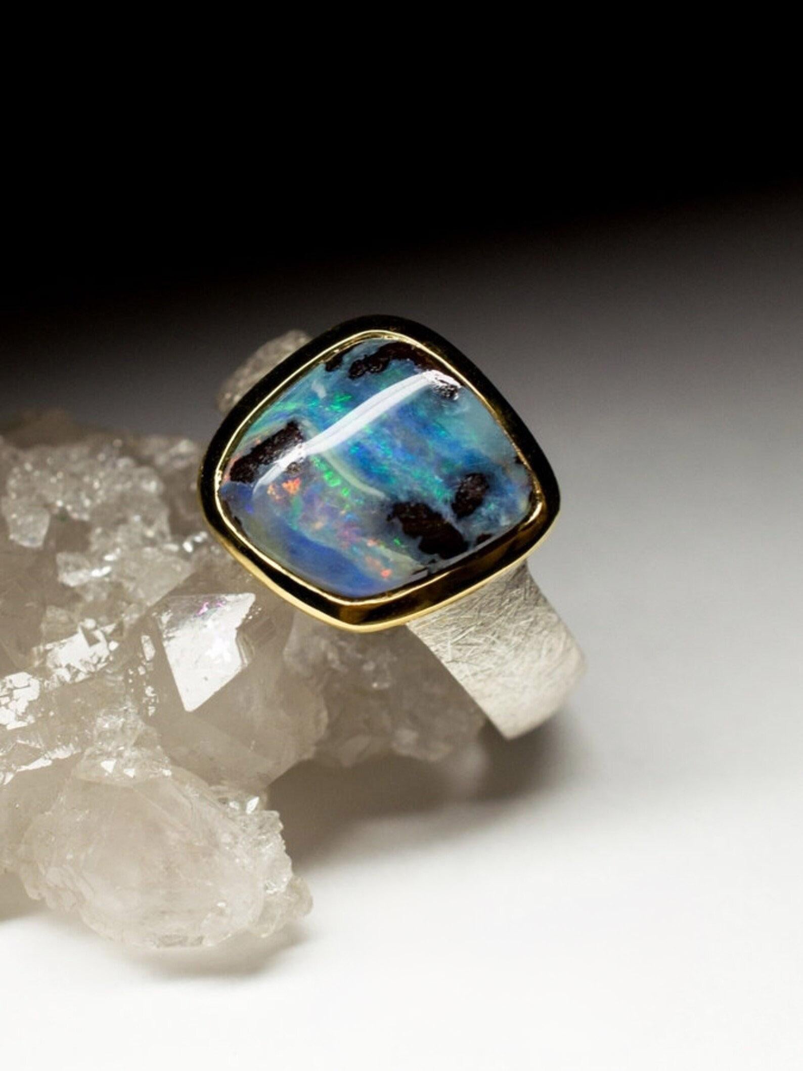 Opal Silver Ring 18k Gold Plated Blue Natural Solid valentine's day gift For Sale 5