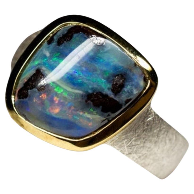Opal Silver Ring 18k Gold Plated Blue Natural Solid valentine's day gift For Sale 6
