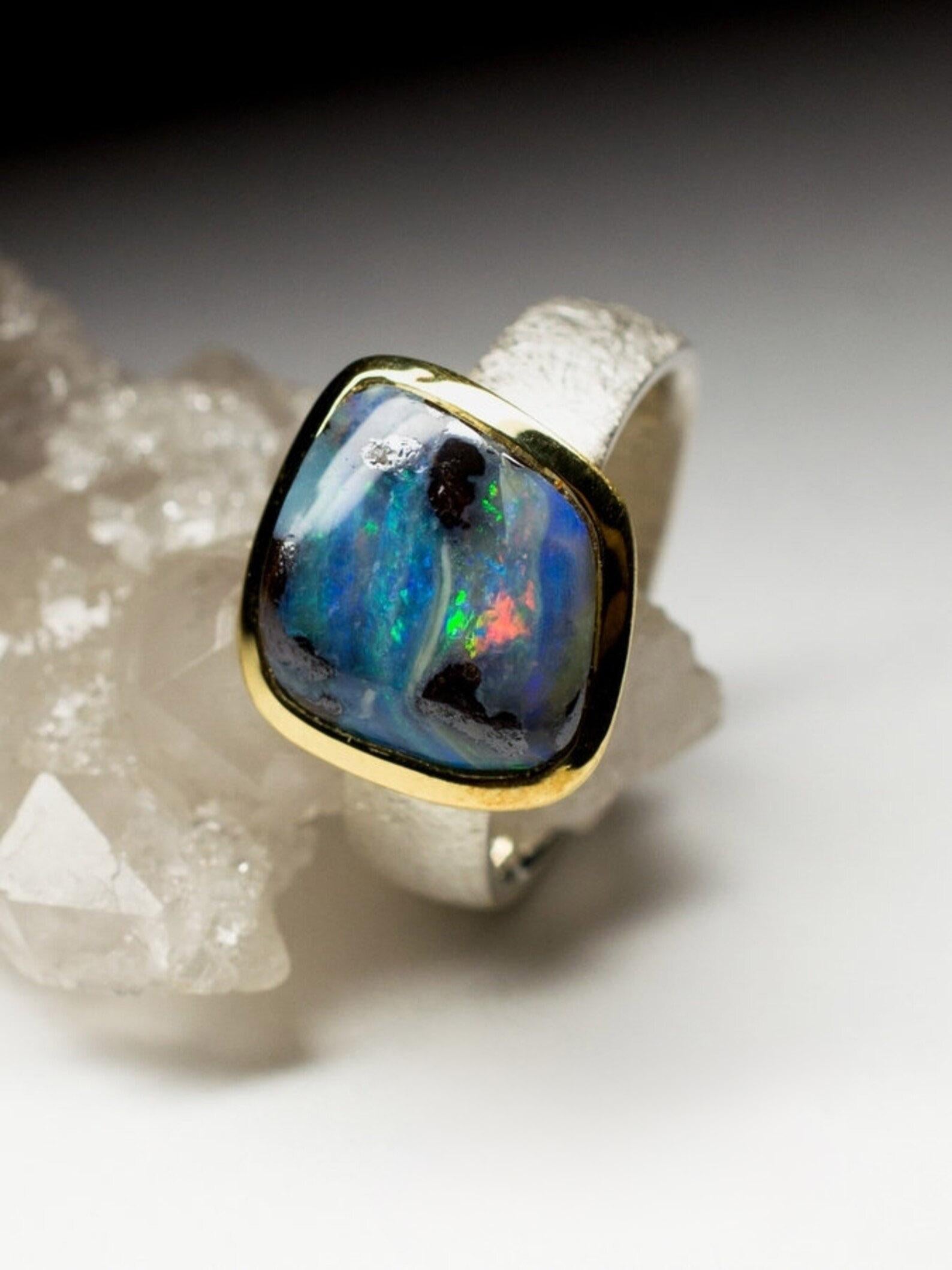 Artist Opal Silver Ring 18k Gold Plated Blue Natural Solid valentine's day gift For Sale